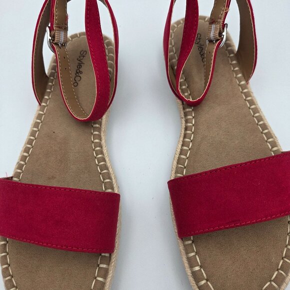 Style & Co. 6.5M Red Suede Flat Sandal w/Adjustable Ankle Strap. - Picture 4 of 4